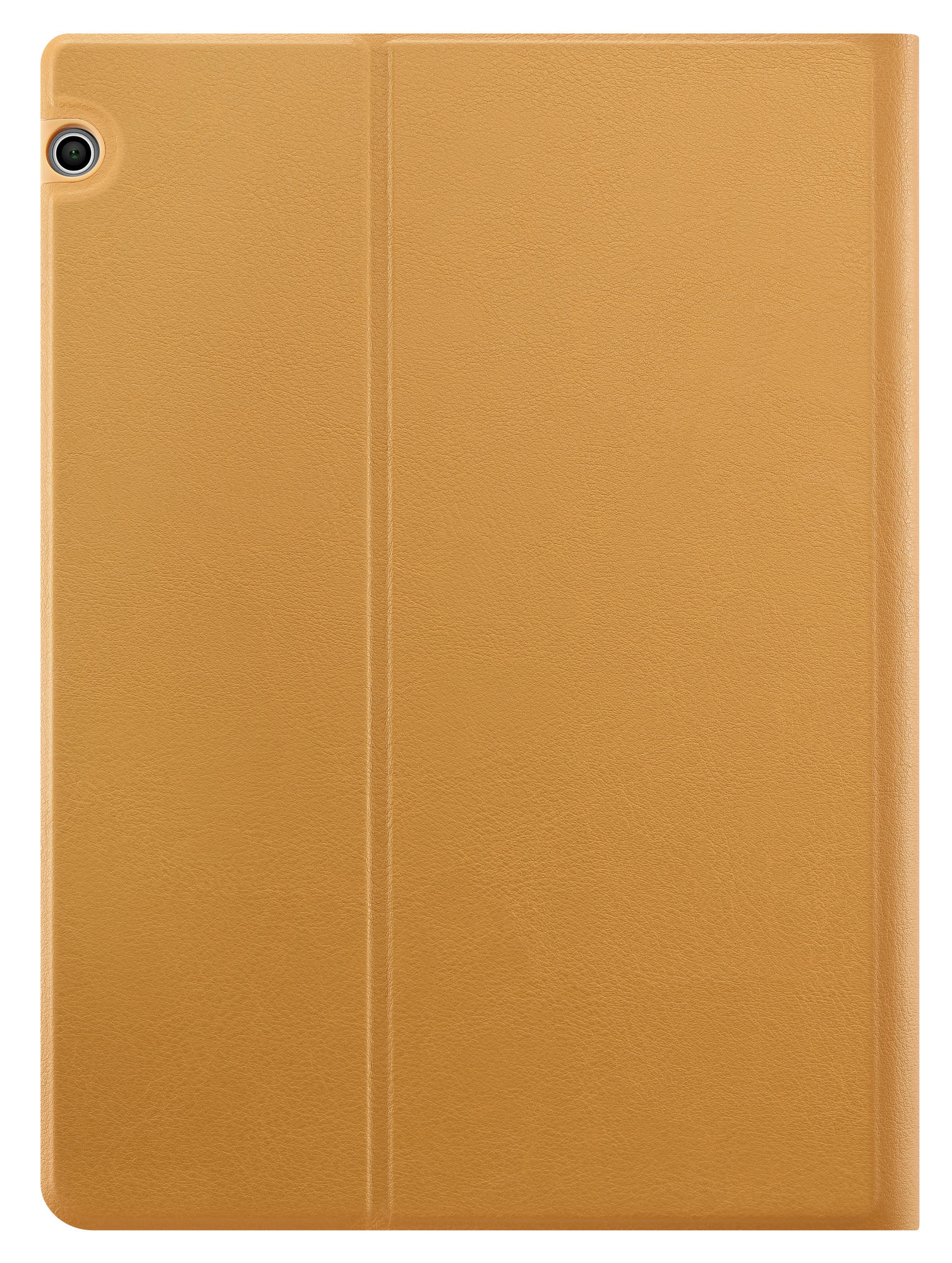 Una funda para tableta color mostaza con recorte para cámara y diseño sencillo.