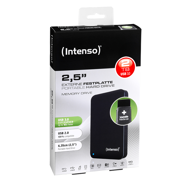 Disque dur portable Intenso 2,5" noir en boîte, avec texte et images.