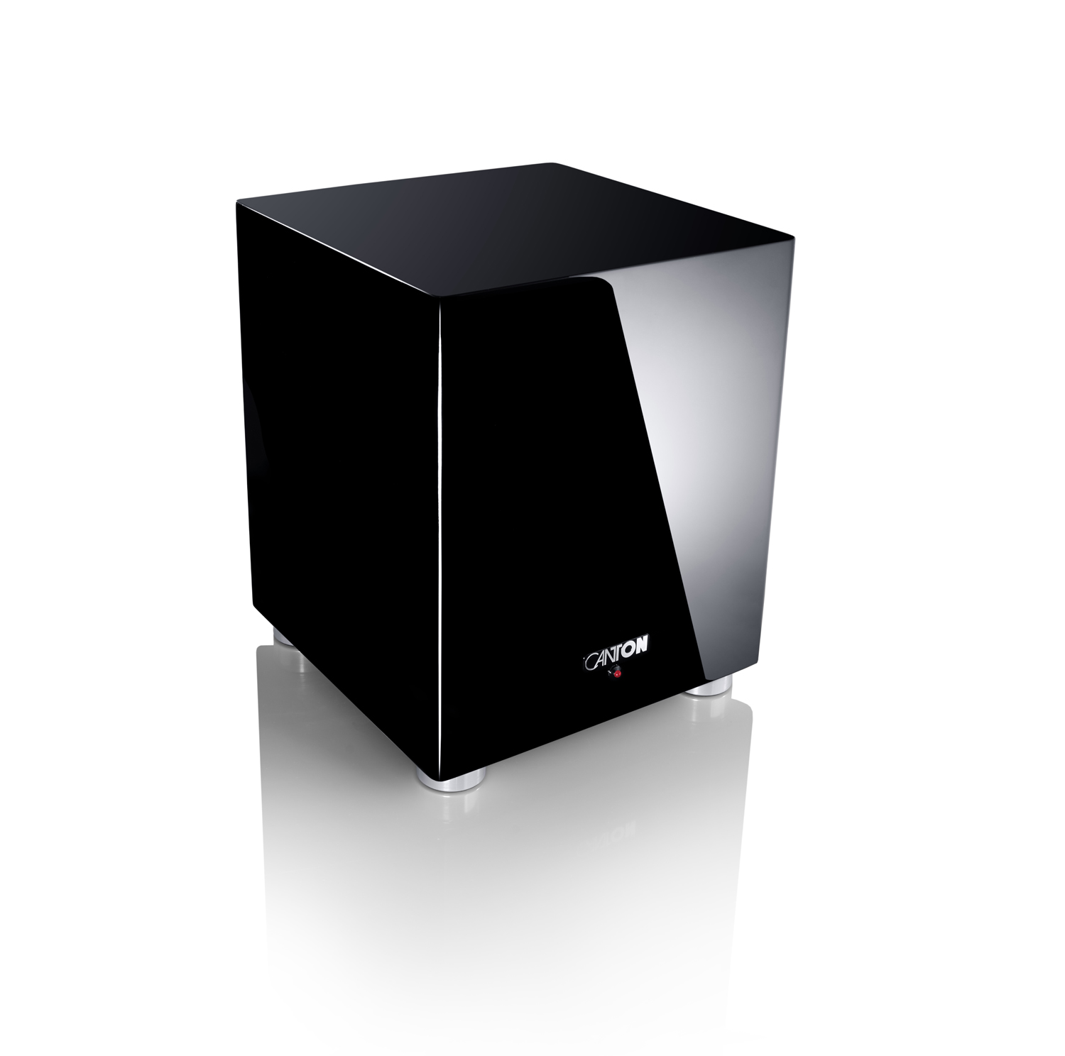 Ein schwarzer Canton Subwoofer auf einer weißen Oberfläche.