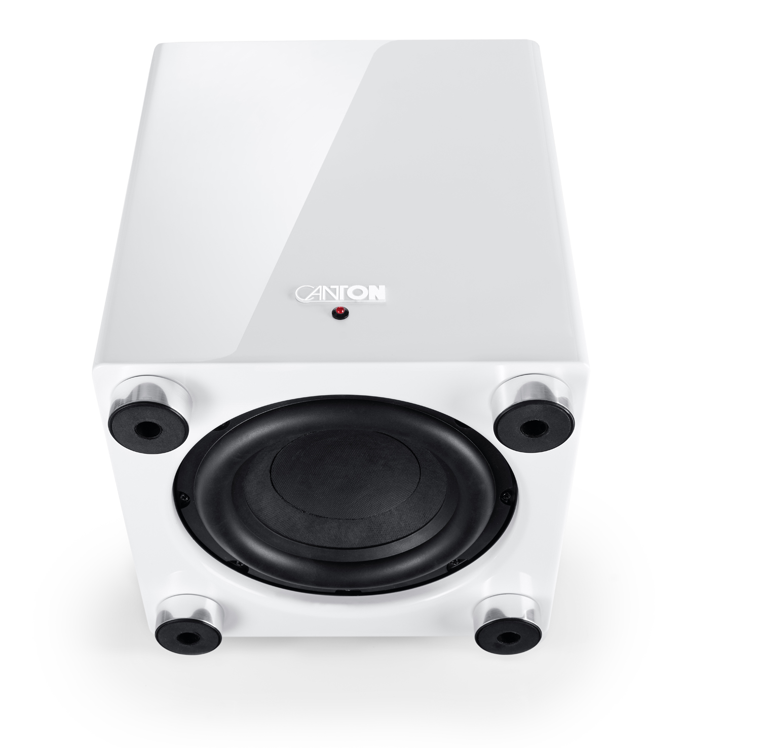 Weißer Subwoofer mit schwarzem Lautsprecher. Canton-Logo oben. Vier schwarze Füße.