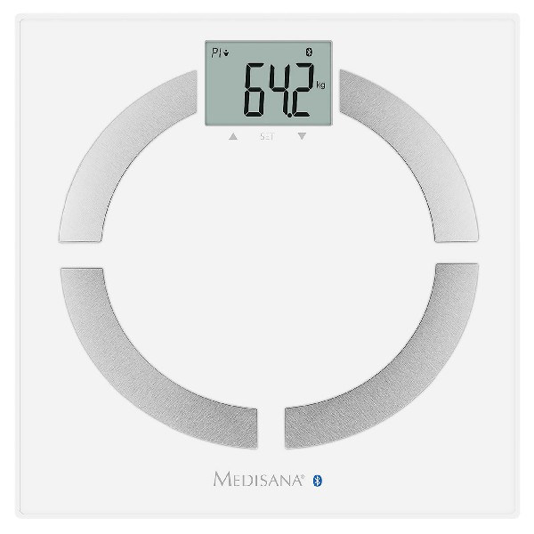 Eine weiße digitale Badezimmerwaage mit 64,2 kg. Die Marke 'MEDISANA' ist aufgedruckt.