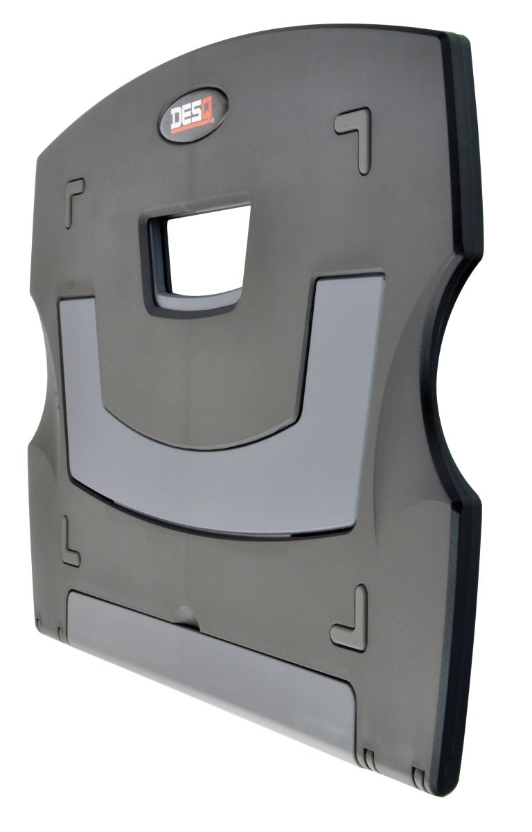 A black plastic DESQ board, with gray accents, for use as a desk cover.