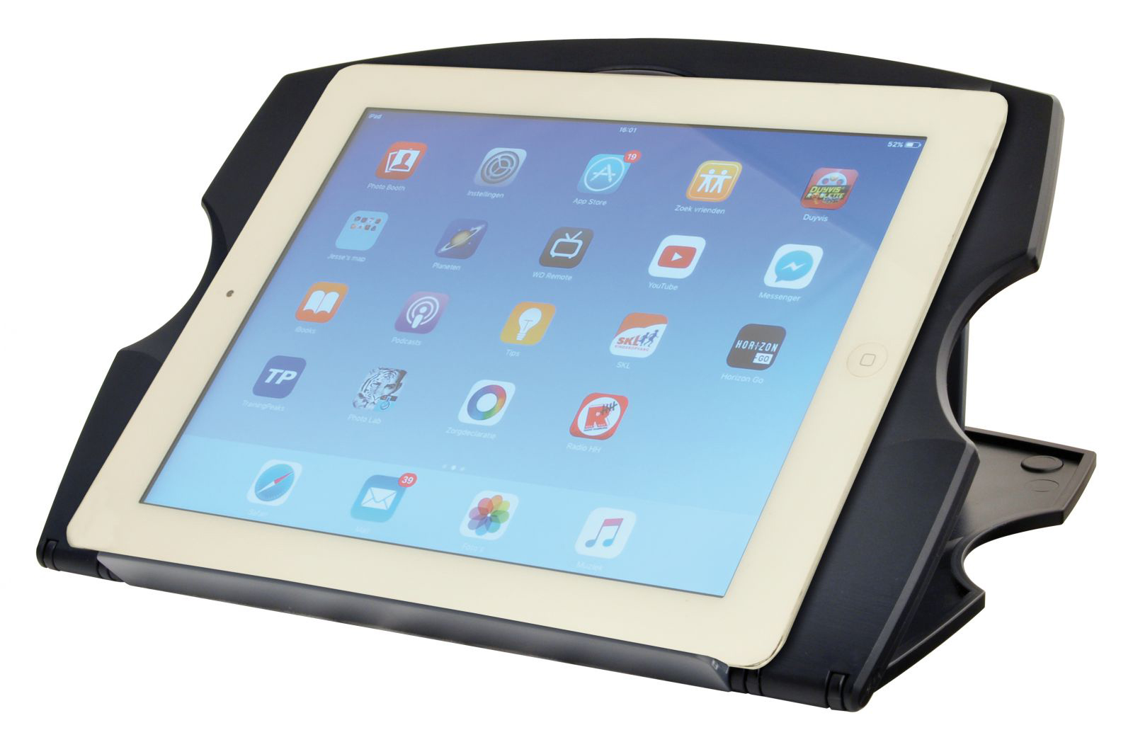 A tablet in a black stand, showing an app screen, is on a white surface.