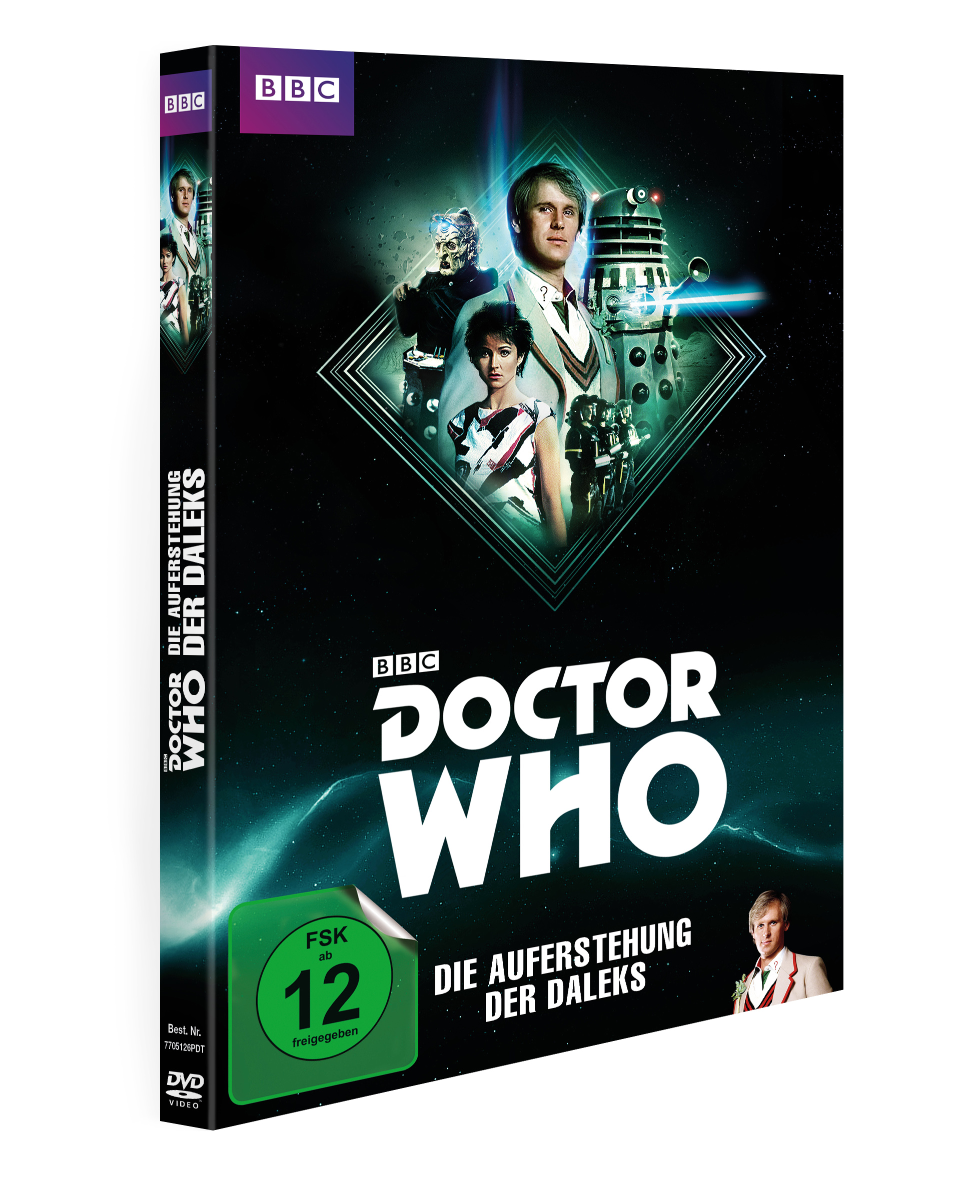 DVD-Hülle für Doctor Who: Die Auferstehung der Daleks. Zeigt Charaktere und einen grünen Altersfreigabe-Aufkleber.