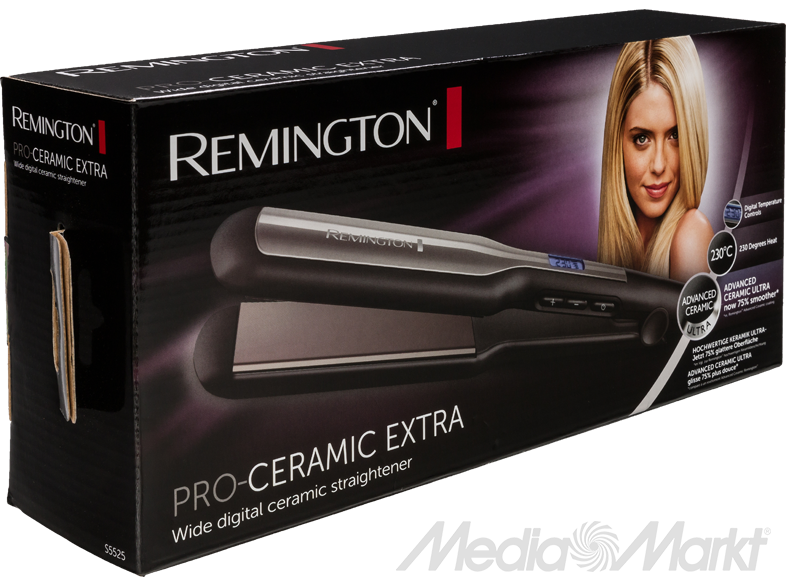 Remington Pro-Ceramic Extra hajvasaló doboza. Egy nő a dobozon. Fekete háttér.