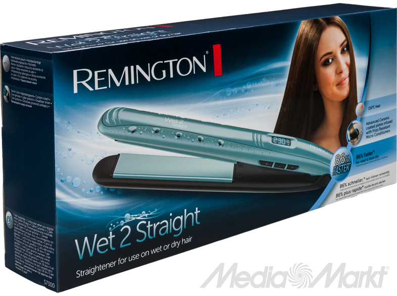Remington Wet 2 Straight hajvasaló doboz, a termékkel és egy nő portréjával.