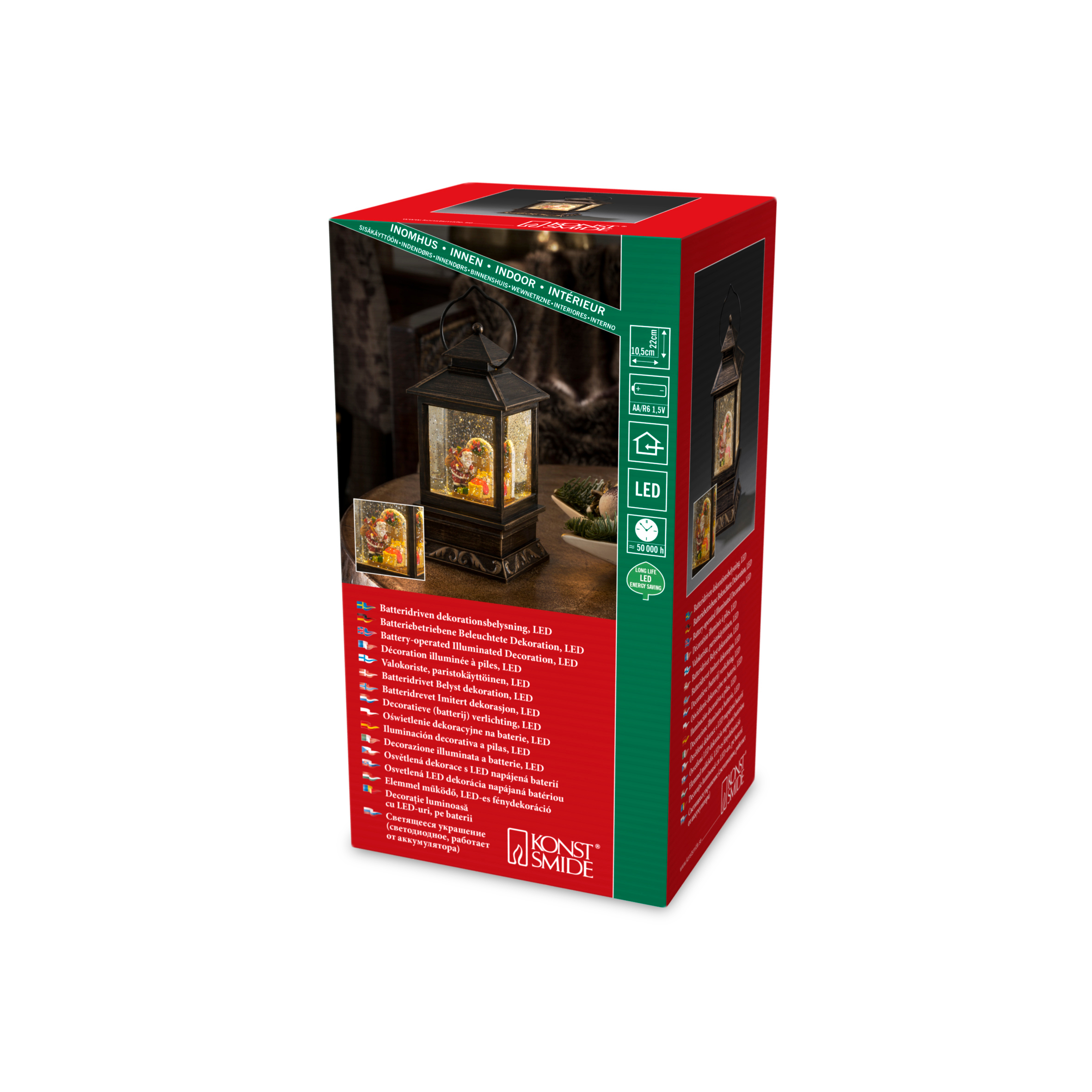 Eine Produktbox zeigt eine Laterne mit einer Weihnachtsmannfigur im Inneren. Text in mehreren Sprachen beschreibt das Produkt.