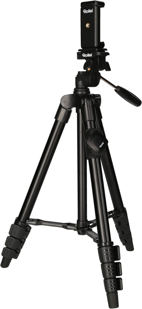 Black tripod with phone holder, legs extended. Rollei brand visible. White background.