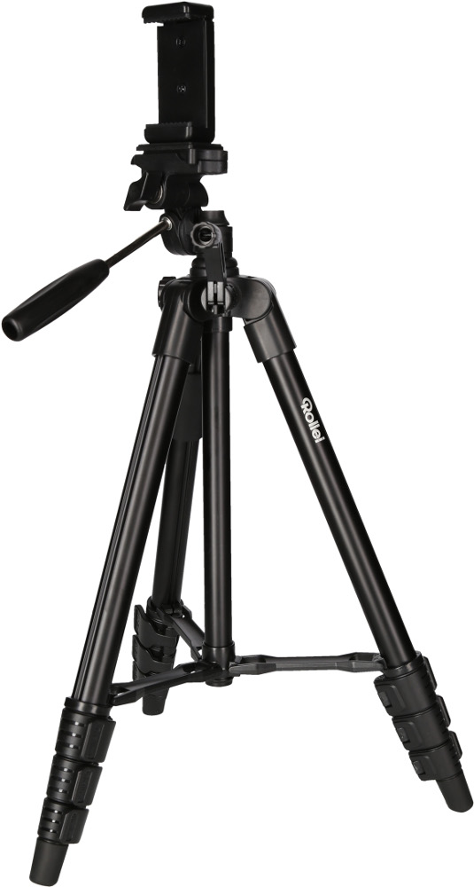 A black tripod for a camera with a phone holder, on a white background.