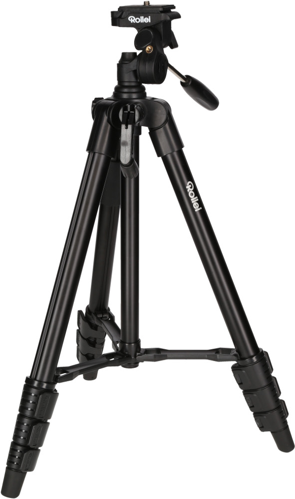 A black tripod with three legs, a central column, and a head for attaching a camera.