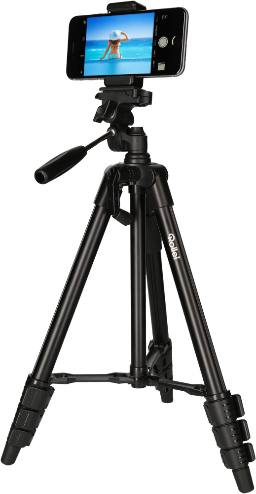 Black tripod with a smartphone attached, displaying a beach photo. Legs extended.