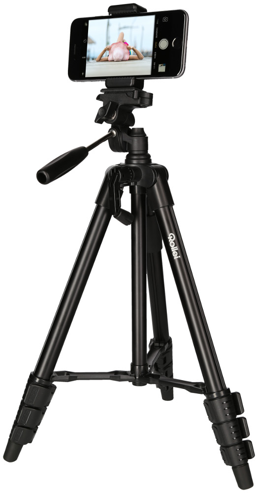 Black tripod with a phone attached. The phone displays an image.