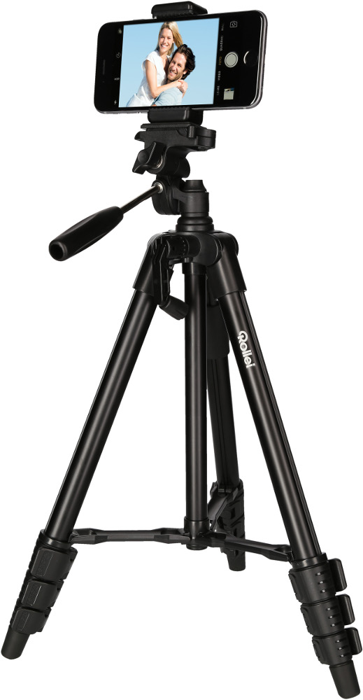 Black tripod with a smartphone attached displaying a couple's photo.