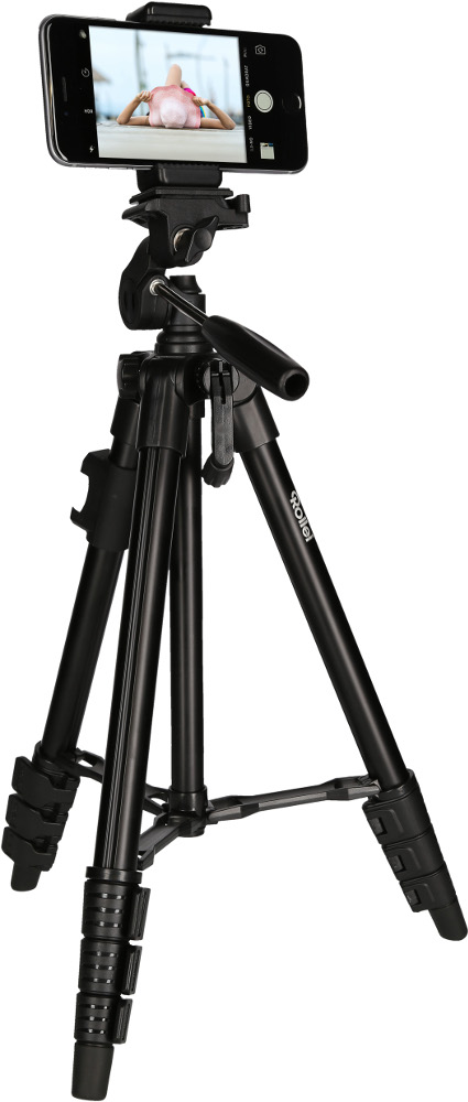 Black tripod with a smartphone attached. The phone displays a person doing yoga.
