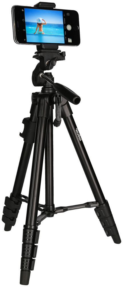 Black tripod with a phone mounted on top, showing a beach scene on the phone screen.