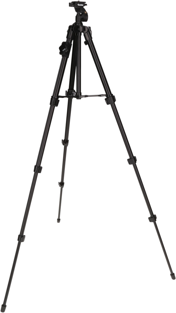 A black tripod with adjustable legs and a head. The tripod is on a white background.