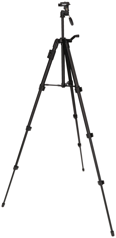 Black tripod. Three legs extend downward. The head is at the top. For photography and video.