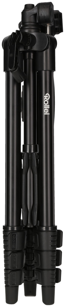 Black tripod, legs extended, with a central column, isolated on white.