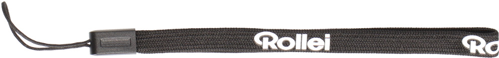 A black wrist strap with the white text "Rollei" and the Rollei logo.