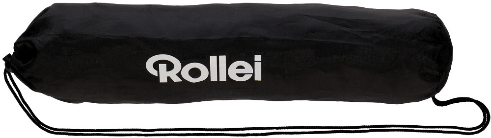 Black bag with white Rollei logo and a drawstring. It is laying on a white surface.