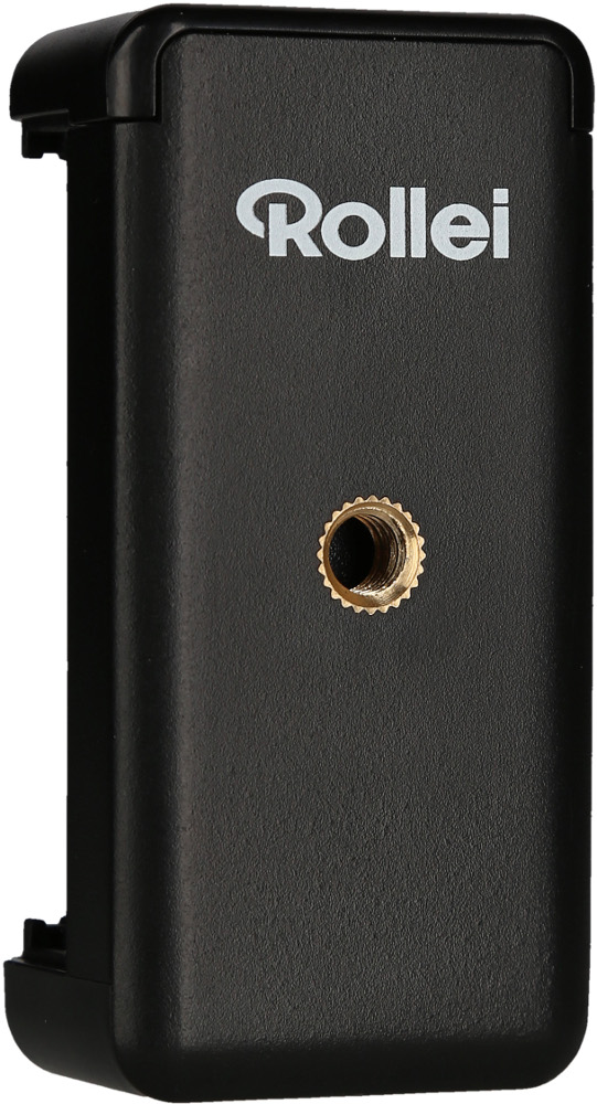 Black phone holder for a camera, with the Rollei logo and a screw hole.