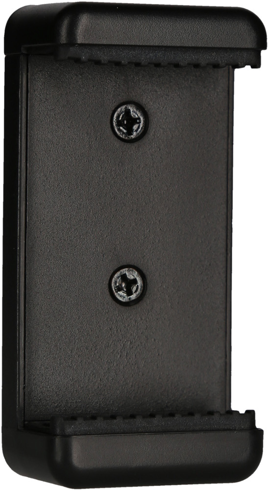 Black phone holder with screws.