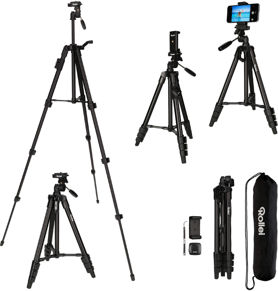 Multiple black tripods with different heights and setups. One holds a smartphone. Includes a carry bag.