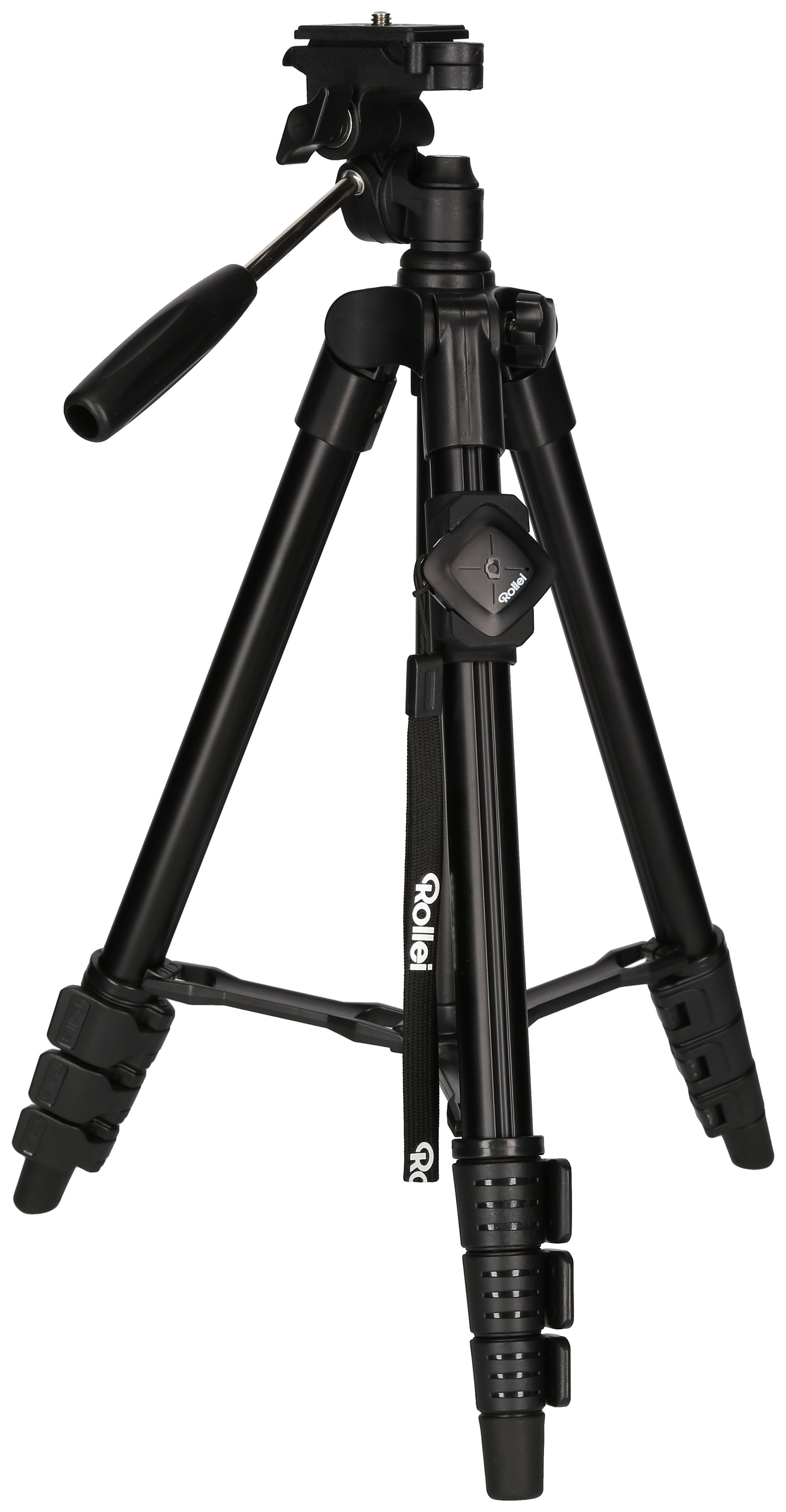 Ein schwarzes Rollei-Stativ mit verstellbaren Beinen und einem Kopf für eine Kamera.