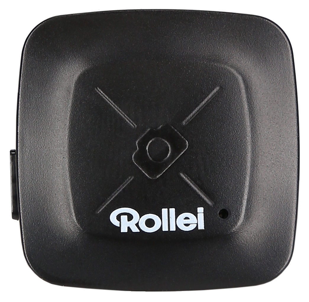 Schwarzes quadratisches Rollei Kamera-Zubehör. Rollei Logo ist sichtbar.