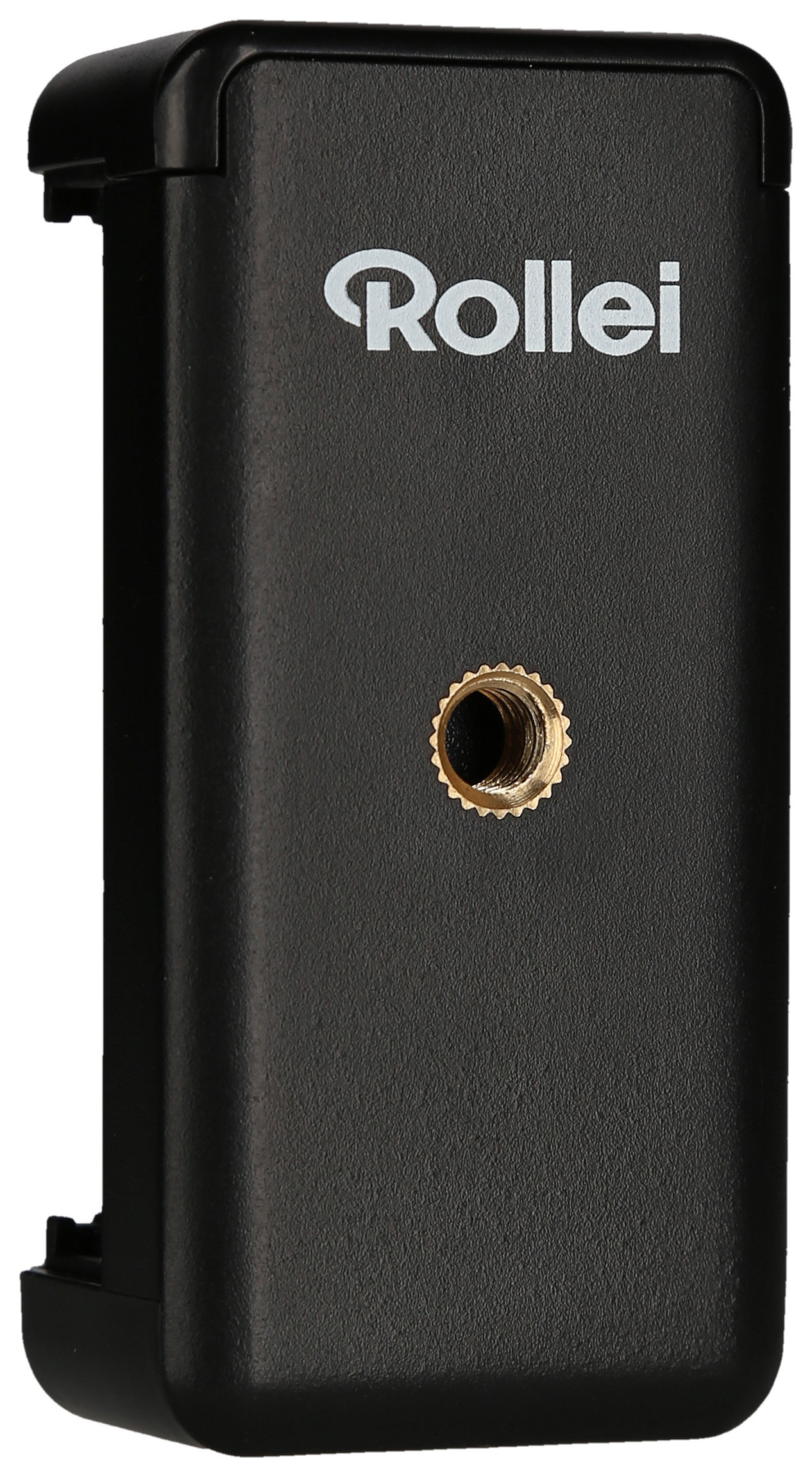Schwarzer Telefonhalter von Rollei mit einem goldfarbenen Gewindeloch. Der Markenname ist sichtbar.