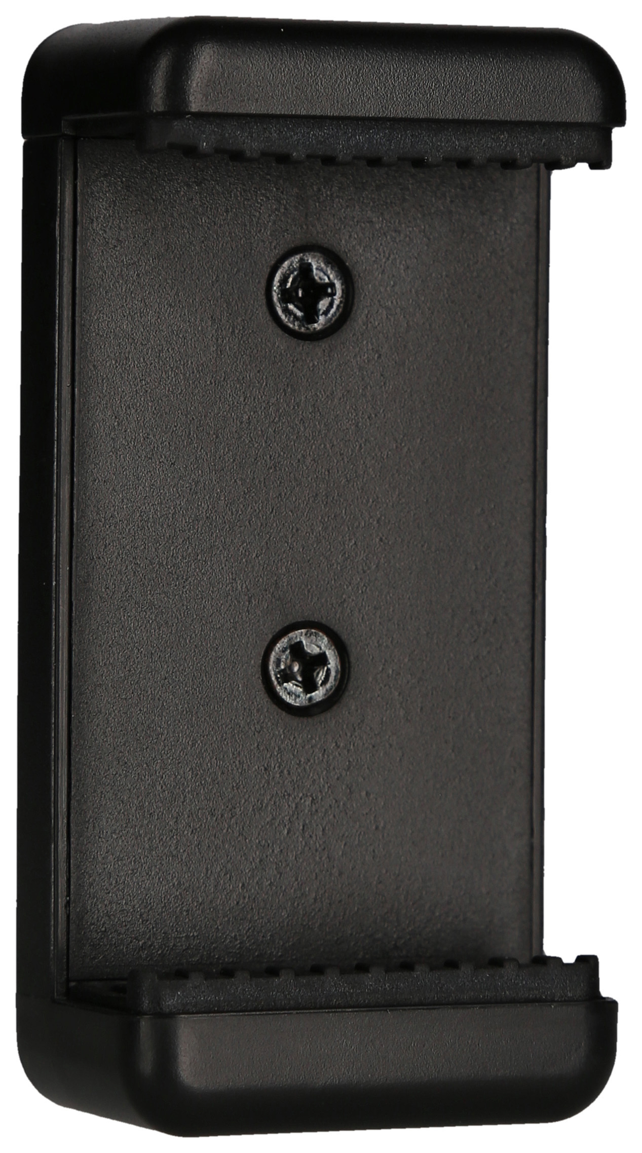 Ein schwarzer Telefonhalter mit zwei Schrauben. Der Halter ist rechteckig und hat eine kleine Lippe oben und unten.