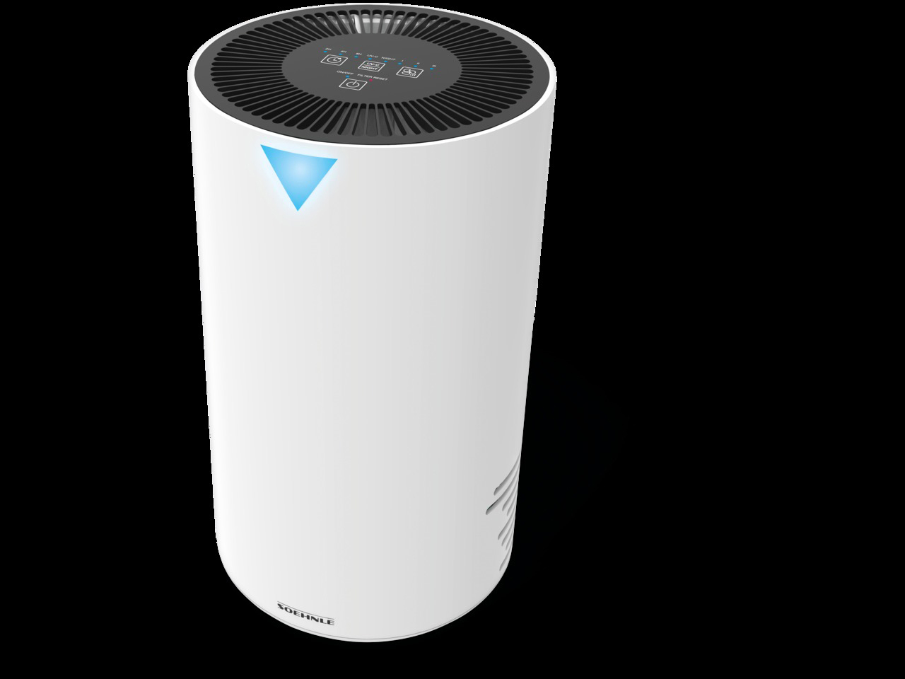 Purificateur d'air blanc avec une lumière bleue. Le dessus a une grille noire, sur fond noir.