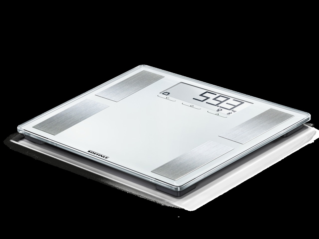 Weiße Digitalwaage mit Anzeige von 59,3. Sie hat silberne Pads.