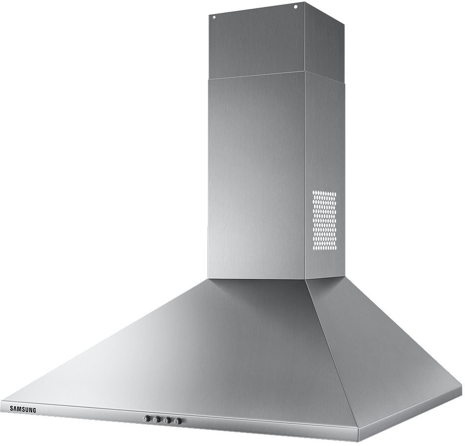 Stainless steel range hood with a pyramid shape. Includes a vent and a black base.