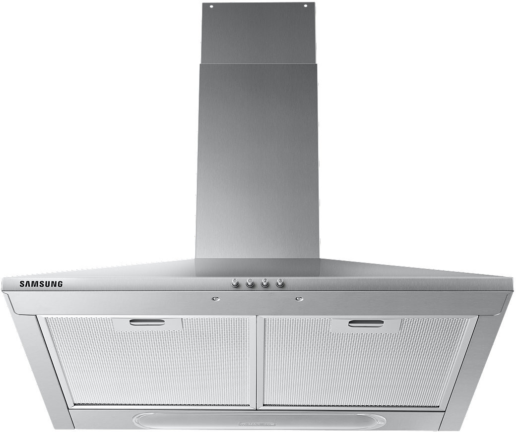 Stainless steel Samsung range hood. It has filters, buttons, and a tall vent.