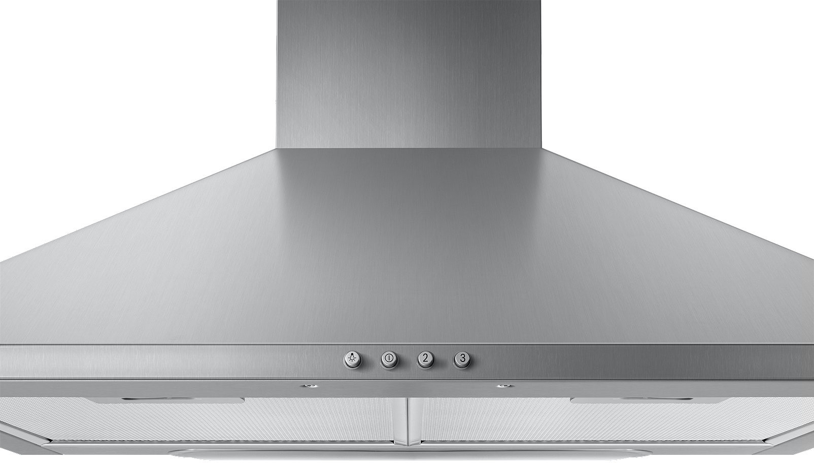 Stainless steel range hood. Three control buttons. White background.