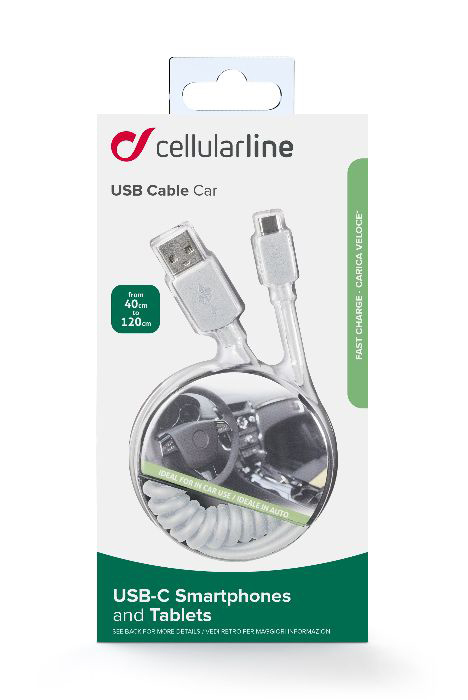 Cellularline USB-C-Autoladegerät in Verpackung. Das Kabel ist weiß, mit einem Autoinnenraum-Hintergrund.