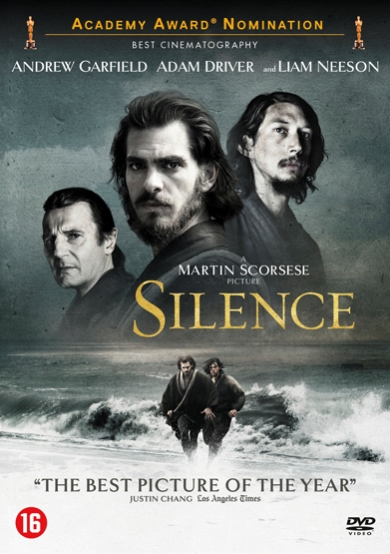 Pochette DVD de 'Silence' avec Andrew Garfield, Adam Driver et Liam Neeson.