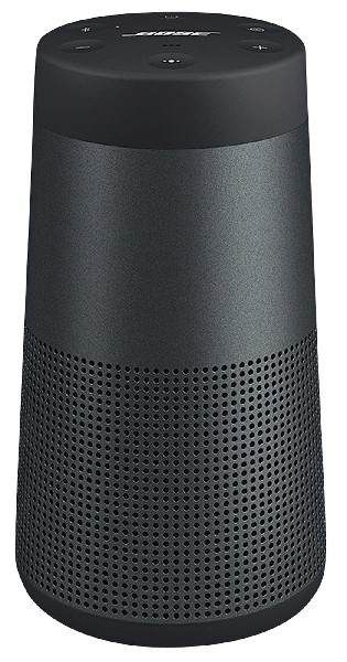 Schwarzer zylindrischer Bose-Lautsprecher mit einem Mesh-Boden und oberen Bedientasten. Bose-Logo sichtbar.