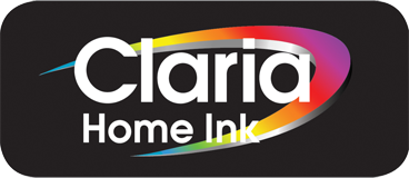 Black rectangular Claria Home Ink logo, with a colorful curved design and white text.