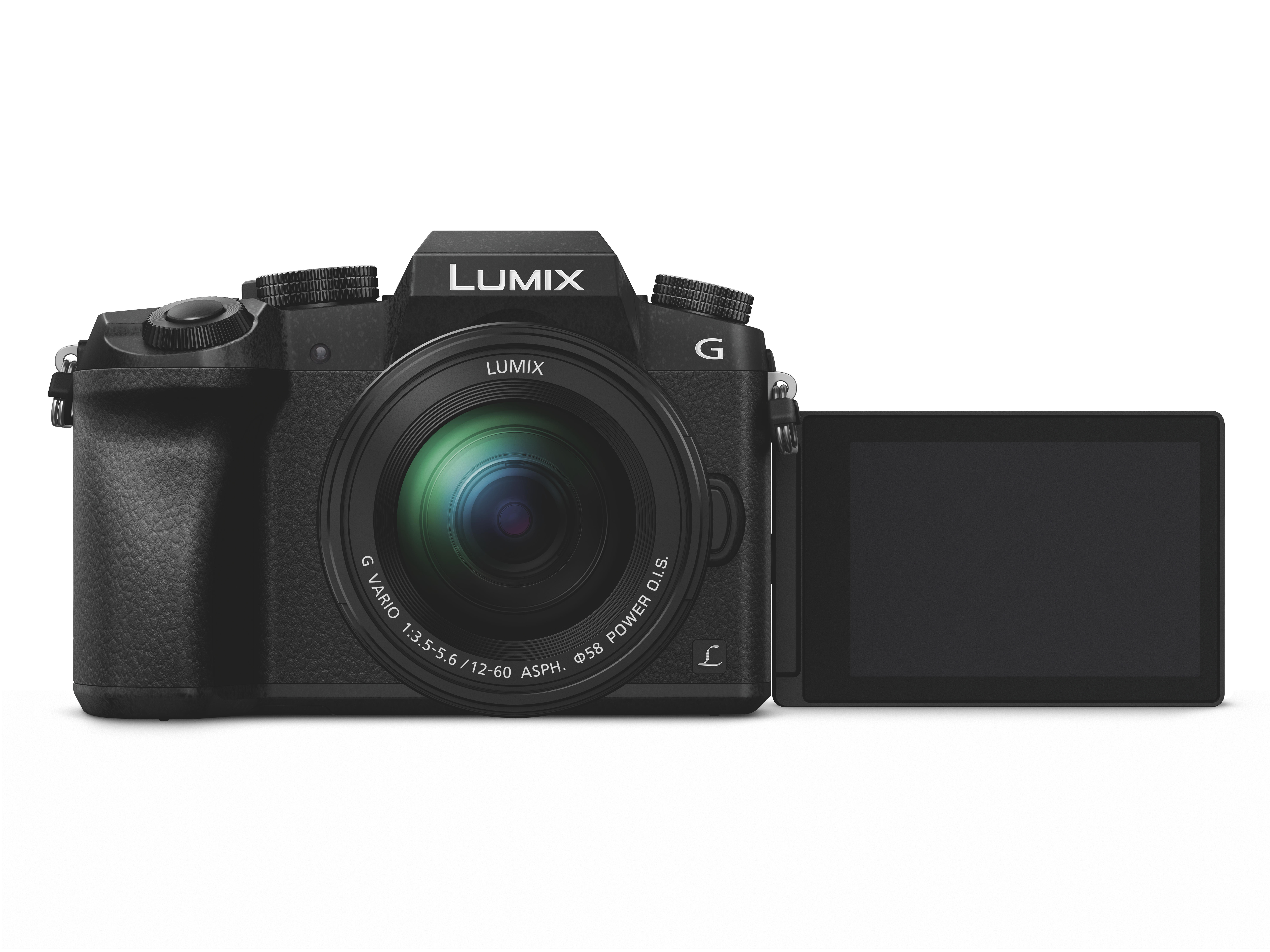 Schwarze Lumix Kamera mit Objektiv und einem nach rechts geöffneten Bildschirm.