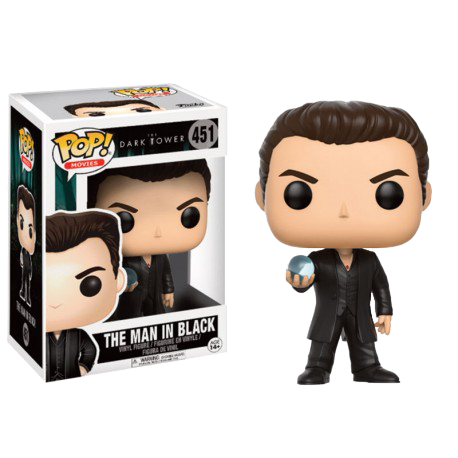 A Pop! figure of The Man in Black from The Dark Tower. He wears a black coat and holds a blue orb. The box is in the background.