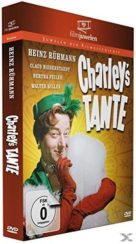 DVD-Cover: Charleys Tante, ein Mann in Drag mit roten Handschuhen und grünem Hut, auf roter Box.