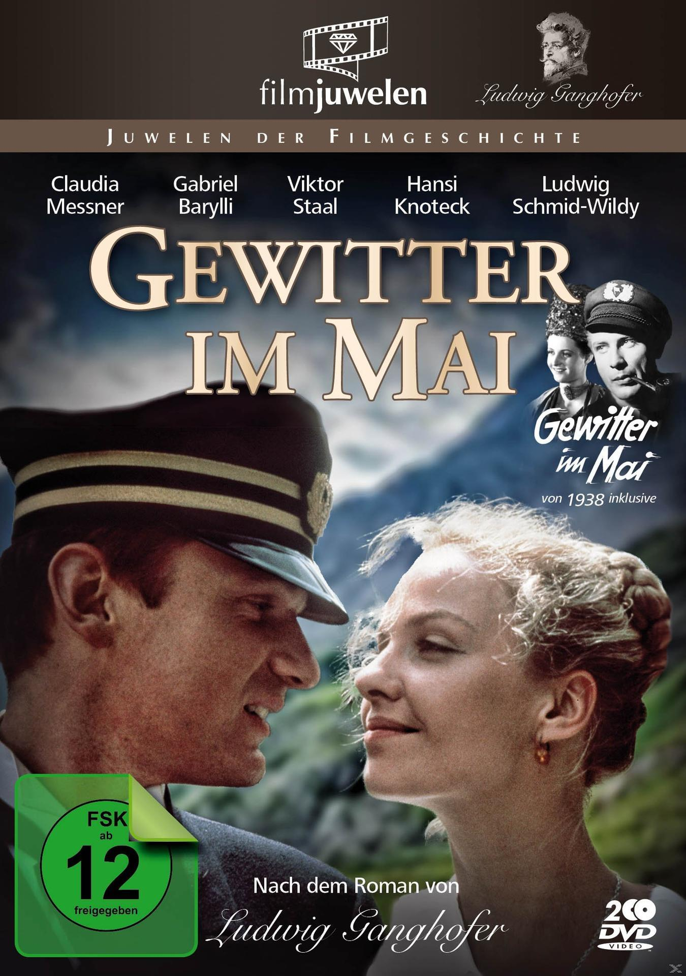 DVD-Cover: Paar in leidenschaftlicher Umarmung. Titel: GEWITTER IM MAI. Grünes und rotes Farbschema.