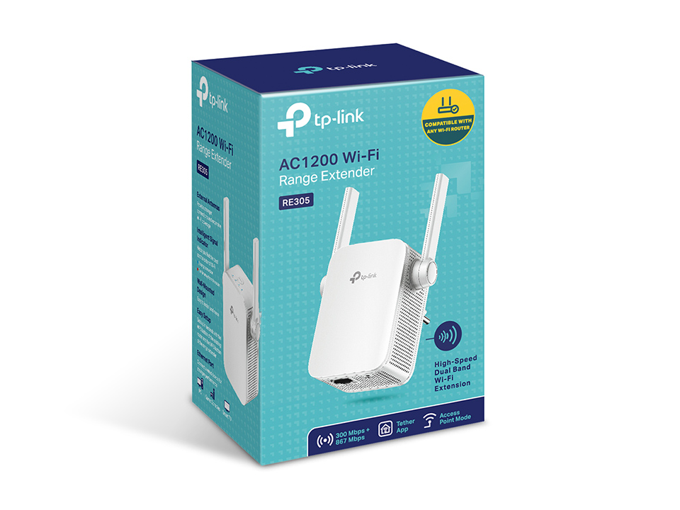 Witte Wi-Fi range extender doos met twee antennes. Tekst zegt AC1200 Wi-Fi.