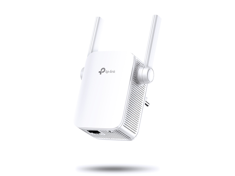 Witte TP-Link WiFi-extender met twee antennes. Het apparaat staat op een witte achtergrond.