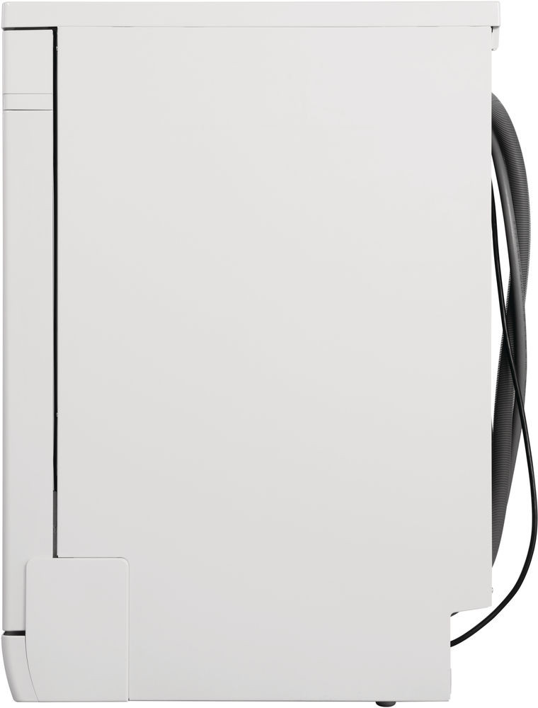 Vue latérale d'un lave-vaisselle blanc avec un tuyau noir. Design épuré.