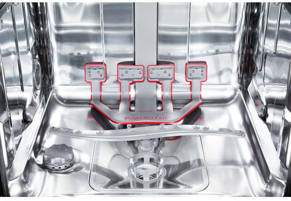 Intérieur de lave-vaisselle avec système PowerClean et touches de rouge. Inox.