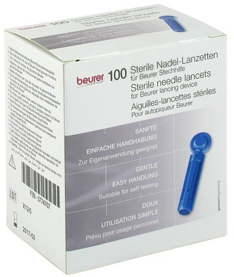 Eine Schachtel mit 100 sterilen Nadel-Lanzetten, blau, mit Text in mehreren Sprachen.