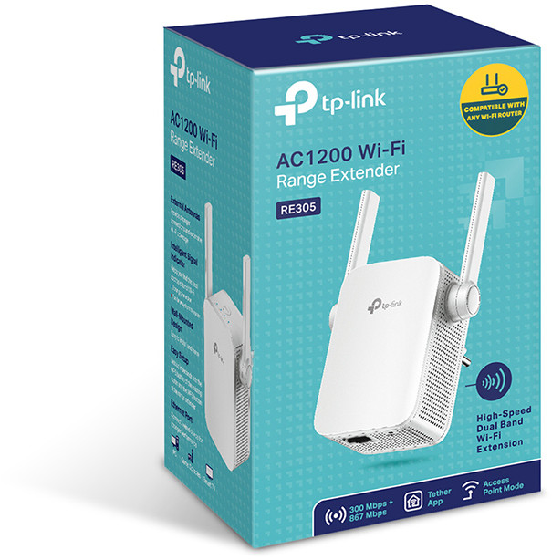 White Wi-Fi range extender in a box with text and images of the product.